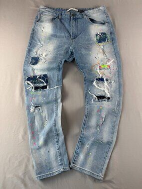 Kloud 9 Jeans Men 38x32 Blue Denim Neon Destroyed Stretch Paint Splatter Party